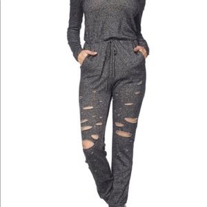 Distressed Off-the-Shoulder Loungewear Jumpsuit